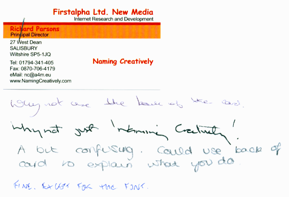 Written feedback on the design of my business card